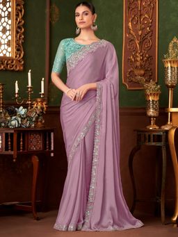 Akhilam - Womens Chiffon Lavendar Embellished Designer Saree with Unstitched Blouse