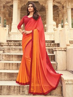 Akhilam - Womens Silk Blend Orange Embellished Designer Saree with Unstitched Blouse