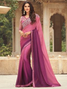 Akhilam - Womens Silk Blend Purple Embellished Designer Saree with Unstitched Blouse