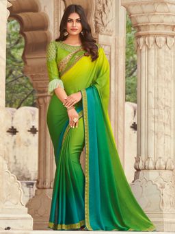 Akhilam - Womens Silk Blend Light Green Embellished Designer Saree with Unstitched Blouse