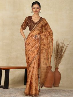 Akhilam - Womens Cotton Linen Beige Printed Designer Saree with Unstitched Blouse