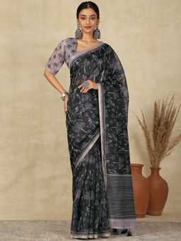 Akhilam - Womens Cotton Linen Black Printed Designer Saree with Unstitched Blouse