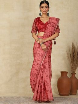 Akhilam - Womens Cotton Linen Maroon Printed Designer Saree with Unstitched Blouse