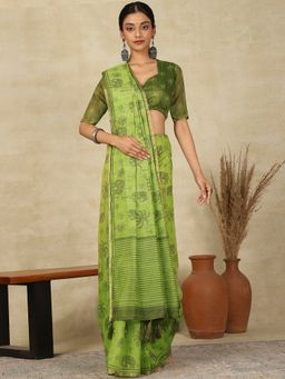 Akhilam - Womens Cotton Linen Light Green Printed Designer Saree with Unstitched Blouse