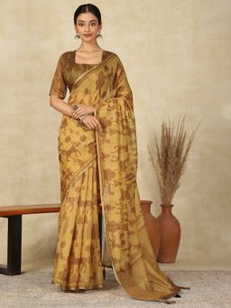 Akhilam - Womens Cotton Linen Camel Brown Printed Designer Saree with Unstitched Blouse