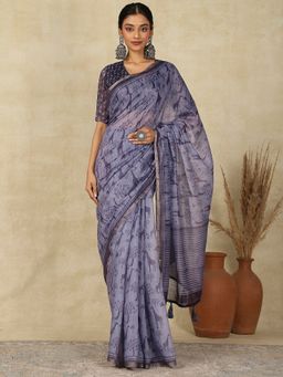 Akhilam - Womens Cotton Linen Purple Printed Designer Saree with Unstitched Blouse