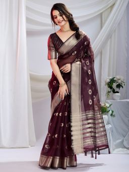 Akhilam - Womens Chanderi Silk Maroon Woven Designer Saree with Unstitched Blouse