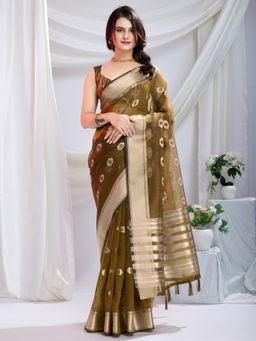 Akhilam - Womens Chanderi Silk Olive Woven Designer Saree with Unstitched Blouse