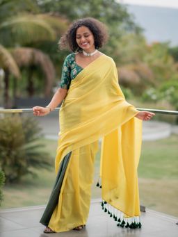 Suta - Yellow Cotton Blend Saree Without Blouse