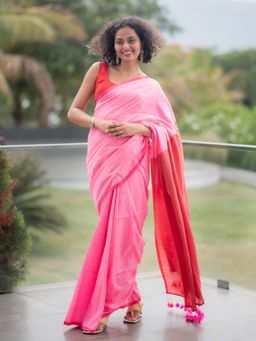 Suta - Pink Cotton Blend Saree Without Blouse