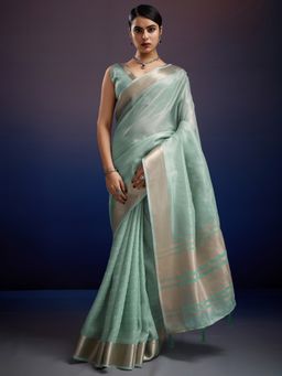 Akhilam - Womens Linen Blend Sea Green Woven Designer Saree with Unstitched Blouse