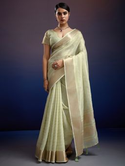 Akhilam - Womens Linen Blend Light Green Woven Designer Saree with Unstitched Blouse