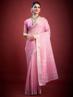 Akhilam - Womens Organza Pink Woven Designer Saree with Unstitched Blouse