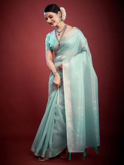 Akhilam - Womens Organza Light Blue Woven Designer Saree with Unstitched Blouse