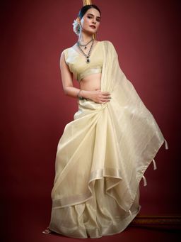 Akhilam - Womens Organza Yellow Woven Designer Saree with Unstitched Blouse