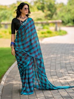 Akhilam - Womens Georgette Light Blue Designer Saree with Unstitched Blouse