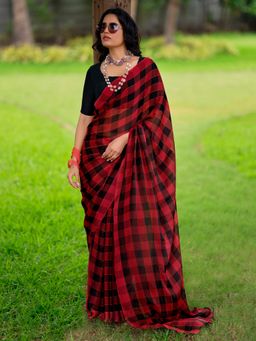 Akhilam - Womens Georgette Red Designer Saree with Unstitched Blouse