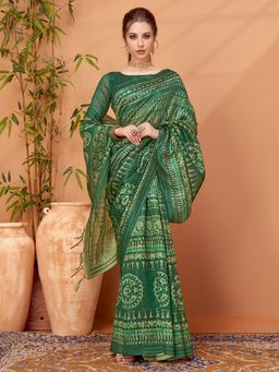 Akhilam - Womens Cotton Silk Green Printed Designer Saree with Unstitched Blouse