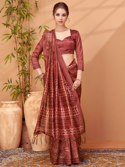 Akhilam - Womens Cotton Silk Maroon Printed Designer Saree with Unstitched Blouse
