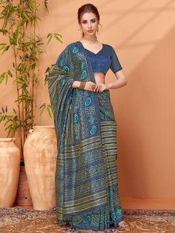 Akhilam - Womens Cotton Silk Navy Blue Printed Designer Saree with Unstitched Blouse