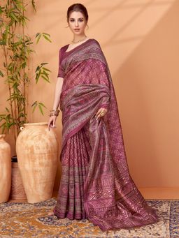 Akhilam - Womens Cotton Silk Magenta Printed Designer Saree with Unstitched Blouse