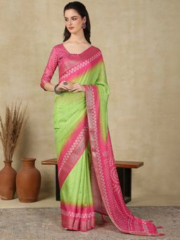Akhilam - Womens Cotton Blend Light Green Printed Designer Saree with Unstitched Blouse