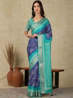Akhilam - Womens Cotton Blend Navy Blue Printed Designer Saree with Unstitched Blouse