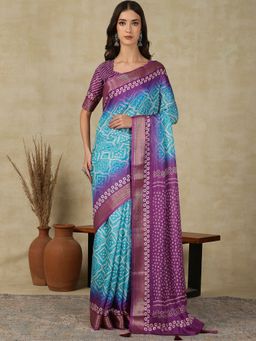 Akhilam - Womens Cotton Blend Light Blue Printed Designer Saree with Unstitched Blouse