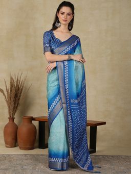 Akhilam - Womens Cotton Blend Light Blue Printed Designer Saree with Unstitched Blouse