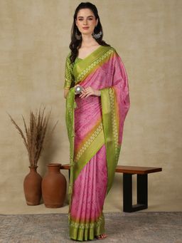Akhilam - Womens Cotton Blend Pink Printed Designer Saree with Unstitched Blouse