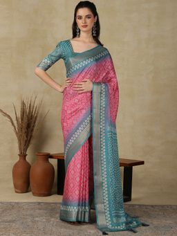 Akhilam - Womens Cotton Blend Pink Printed Designer Saree with Unstitched Blouse