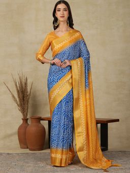 Akhilam - Womens Cotton Blend Blue Printed Designer Saree with Unstitched Blouse