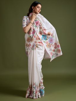 Akhilam - Womens Tussar Silk White Printed Designer Saree with Unstitched Blouse