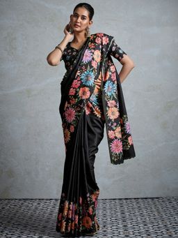 Akhilam - Womens Tussar Silk Black Printed Designer Saree with Unstitched Blouse