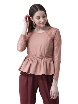 KASSUALLY - Pink Net Sleeves Peplum Top