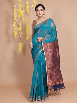 CHARUKRITI - Cerulean Blue Cotton Zari Motifs & Designs Handwoven Saree with Unstitched Blouse