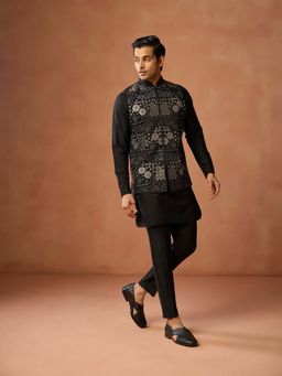 KISAH - Men Black Silk Blend Kurta & Brocade Nehru Jacket With Trouser