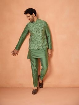 KISAH - Men Kurta With Embroidered Nehru Jacket & Trouser Green