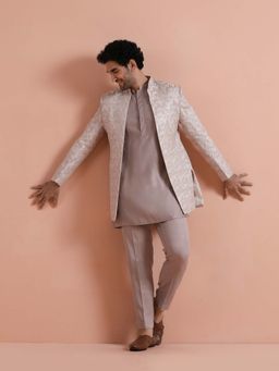 KISAH - Men Beige Silk Blend Kurta & Jacquard Front Open Short Sherwani With Slim Fit Trousers