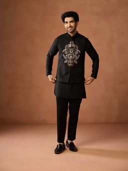 KISAH - Men Black Silk Blend Kurta With Trouser & Embroidered Nehru Jacket