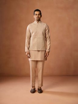 KISAH - Men Beige Silk Blend Kurta & Embroidered Jacket With Subtle Sequins And Matching Trouser