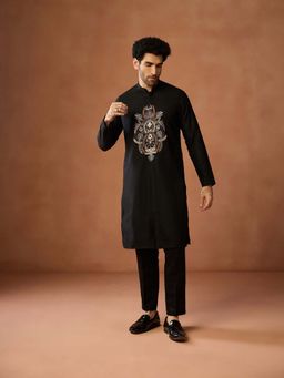 KISAH - Men Black Silk Blend Front Open Embroidered Kurta With Trouser