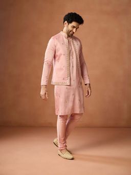 KISAH - Men Blush Pink Silk Blend Kurta & Embroidered Front Open Jacket With Matching Churidar