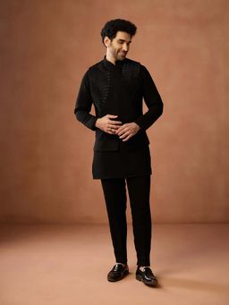KISAH - Men Black Silk Blend Kurta & Embellished Geometric Jacket With Slim Fit Trouser