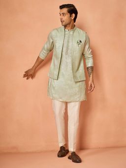 KISAH - Men Green Silk Blend Kurta Front Open Jacket With Embellished Brooch And Slim Fit Trouser