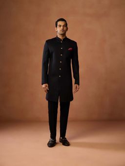 KISAH - Men Sherwani Trouser Set Jacquard Achkan With Red Pocket Square