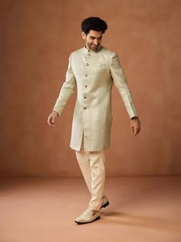 KISAH - Men Cream Gold Indowestern Sherwani Textured Achkan Trouser