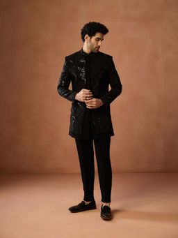 KISAH - Men Velvet Short Sherwani Sequinned Achkan With Designer Detailing & Trouser