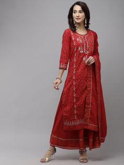 ISHIN - Women's Cotton Red Bandhani Embroidered A-Line Kurta Sharara Dupattta (Set of 3)