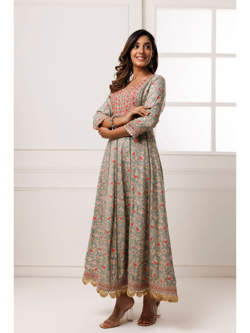 Buy Geroo Jaipur Grey Cotton-Rayon Embroidered Maxi Dress Online